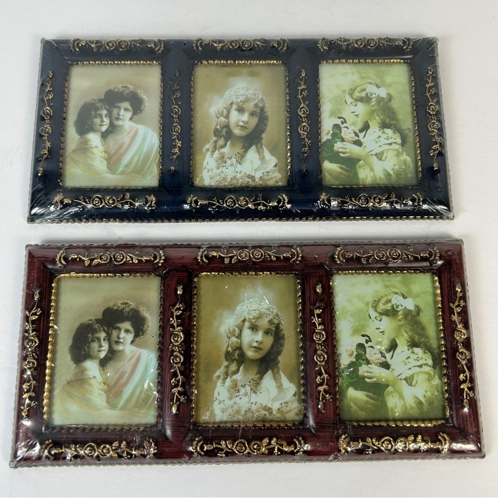 Vintage-Inspired Triple Photo Frame Set - Navy and Mahogany